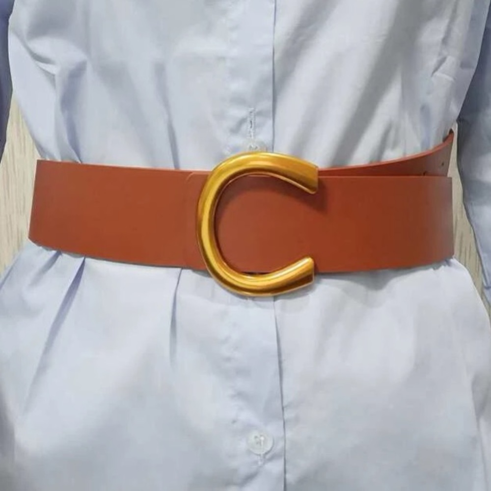 Brown vegan leather gold buckle high waisted belt